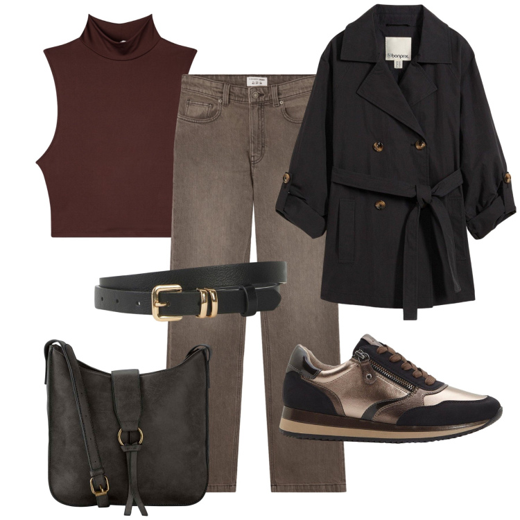 Outfit donna - Basica con le sneakers cool !. Stile Casual per Tutti i giorni. Abbinamento con borse a tracolla, cinture, trench, sneakers, top, jeans bootcut.