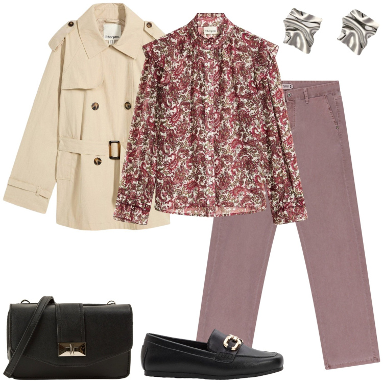 Outfit donna - Passeggiando!. Stile Casual chic per Tutti i giorni. Abbinamento con trench, mocassini, camicie, borse a tracolla, jeans dritti, orecchini.