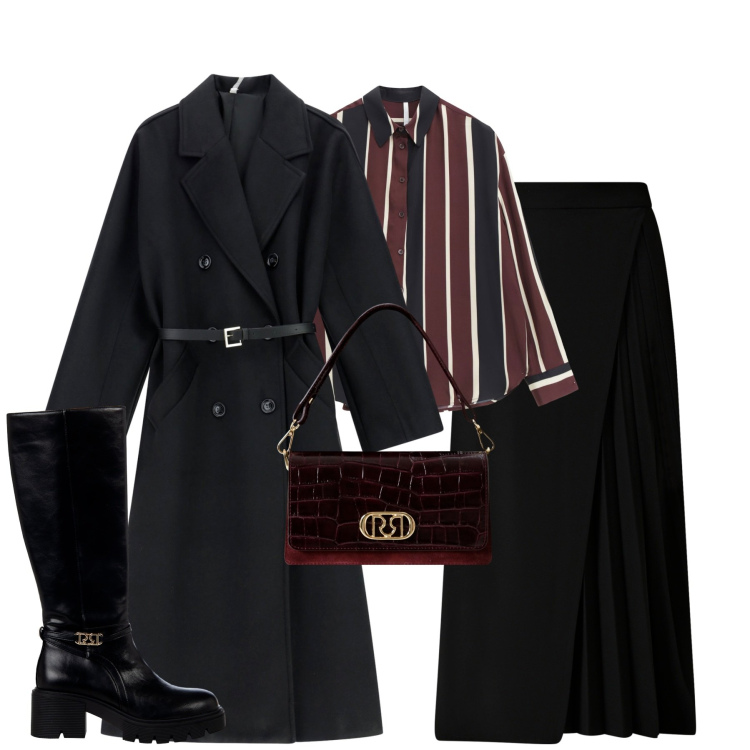 Outfit donna - Serata. Stile Chic per Serata fuori. Abbinamento con gonne longuette, stivali sopra il ginocchio, borse a mano, cappotti, camicie.