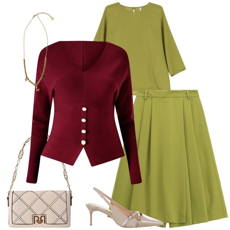 Outfit donna - Total look #2252488. Stile Trendy per Tutti i giorni. Abbinamento con borse a tracolla, décolleté, maglieria, bluse, pantaloni, ciondoli.