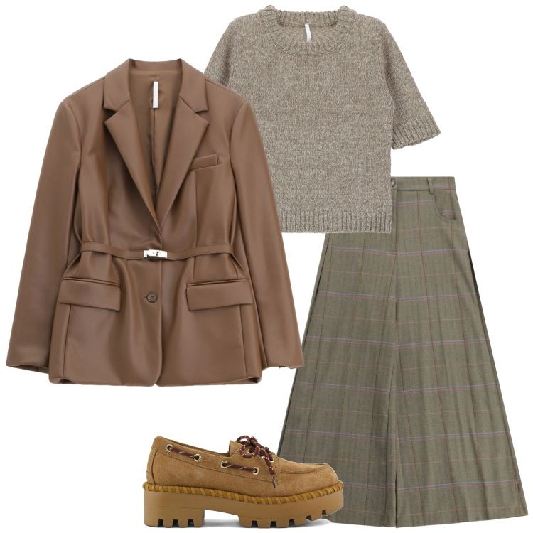 Outfit donna - Giacca ecopelle. Stile Casual chic per Serata fuori. Abbinamento con maglieria, blazer, pantaloni a palazzo, mocassini.
