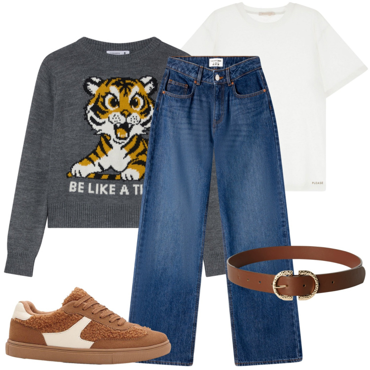 Outfit donna - Casual style. Stile Casual per Scuola/Università. Abbinamento con sneakers, cinture, jeans, maglieria, t-shirt.