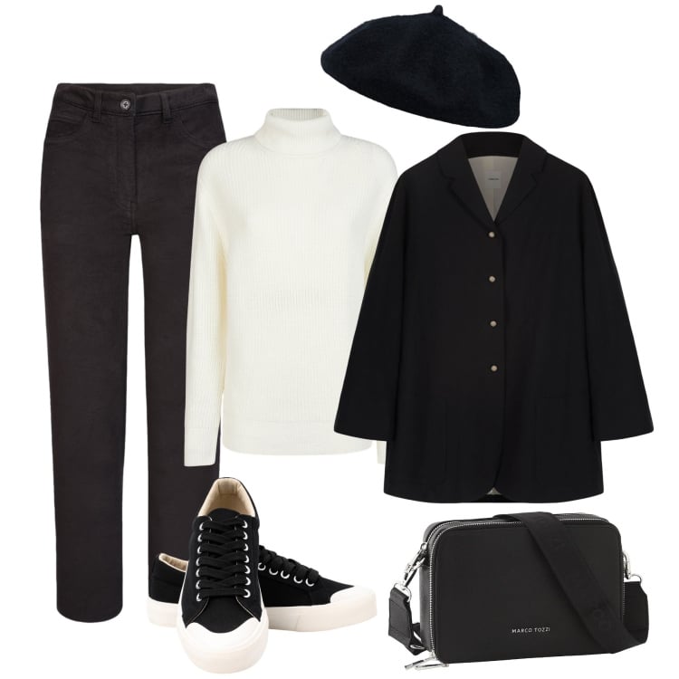Outfit donna - Basica Doppelganger al lavoro. Stile Basic per Ufficio. Abbinamento con borse a tracolla, blazer, pantaloni, maglieria, sneakers, cappelli e berretti.