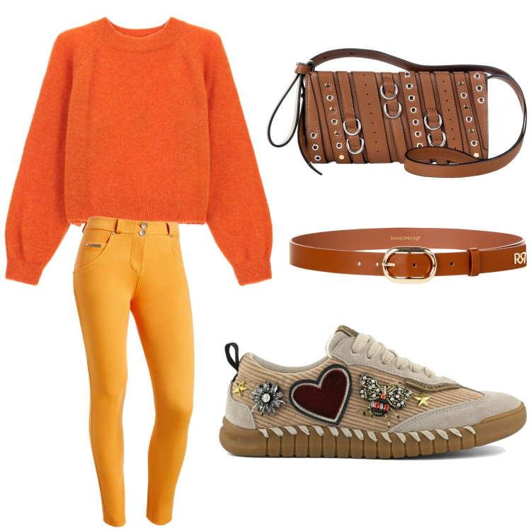 Outfit donna - Colori vivaci per l\'autunno. Stile Casual per Tutti i giorni. Abbinamento con cinture, borse a spalla, maglieria, pantaloni skinny, sneakers.