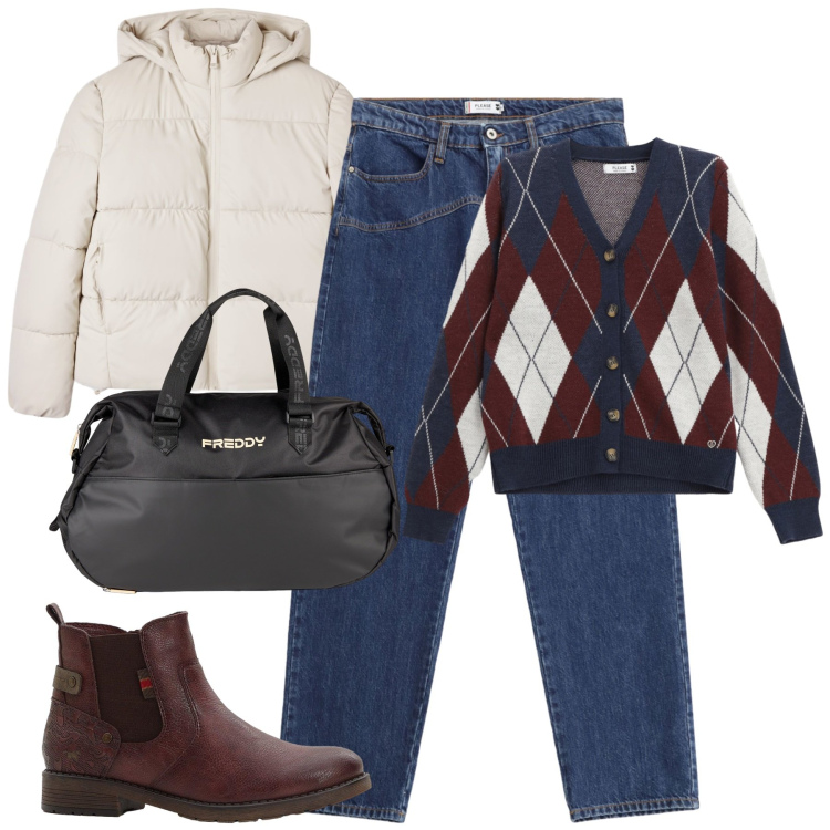 Outfit donna - City. Stile Casual per Tutti i giorni. Abbinamento con stivaletti, bomber, jeans, cardigans, borse sportive.