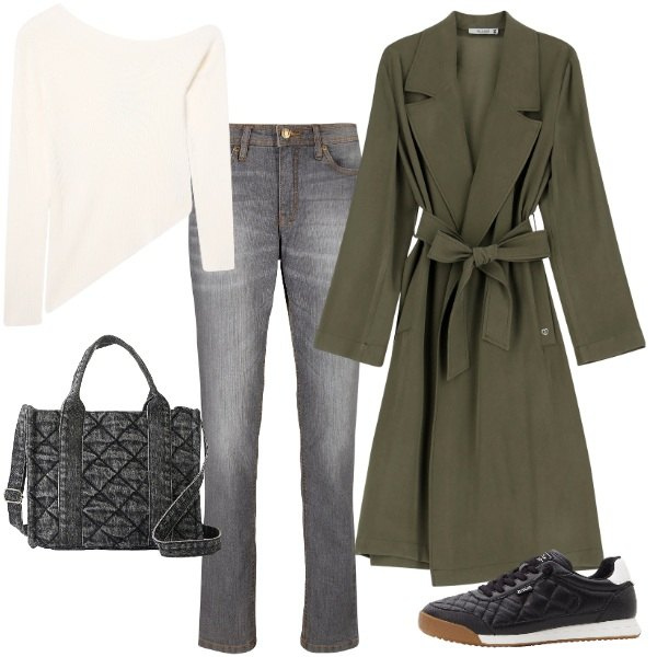Outfit donna - il trench verde. Stile Basic per Tutti i giorni. Abbinamento con jeans mom, sneakers, borse a mano, maglieria, trench.