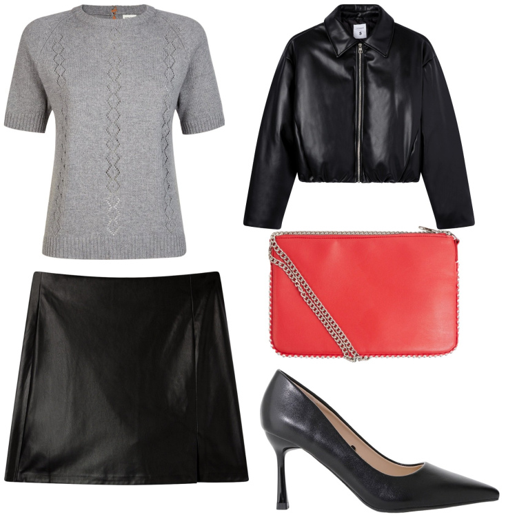 Outfit donna - Serata con le amiche. Stile Casual chic per Serata fuori. Abbinamento con minigonne, giacche, borse a tracolla, décolleté, maglieria.
