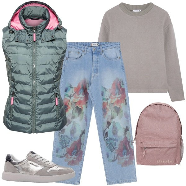 Outfit donna - 80 nostalgia. Stile Urban per Scuola/Università. Abbinamento con gilet, sneakers, zaini, maglieria, jeans dritti.