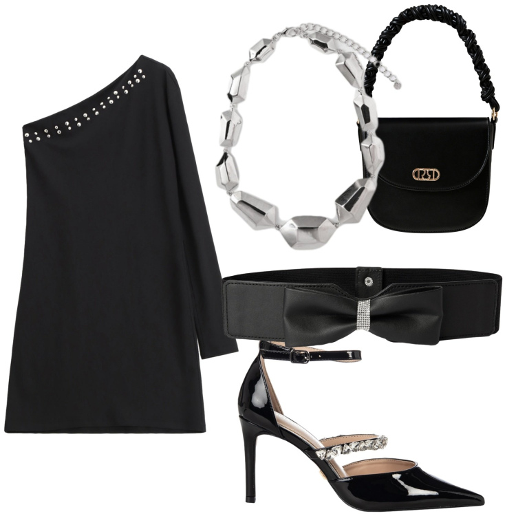 Outfit donna - Serata in total black. Stile Chic per Serata fuori. Abbinamento con cinture, borse a mano, décolleté, vestiti asimmetrici, ciondoli.