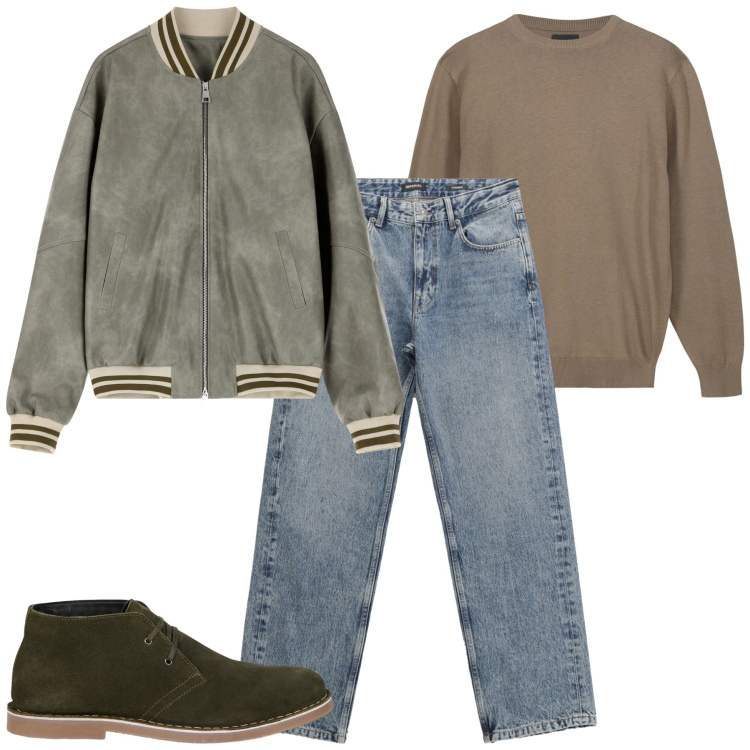 Outfit uomo - Fall. Stile Casual per Tutti i giorni. Abbinamento con jeans dritti, bomber, stivali e stivaletti, maglieria.