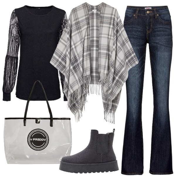 Outfit donna - le maniche trasparenti. Stile Basic per Tutti i giorni. Abbinamento con stivaletti chelsea, jeans bootcut, bluse, cappotti, shopping bag.