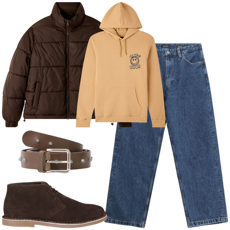 Outfit uomo - Fall. Stile Casual per Tutti i giorni. Abbinamento con felpe con cappuccio, bomber, cinture, jeans, stivali e stivaletti.