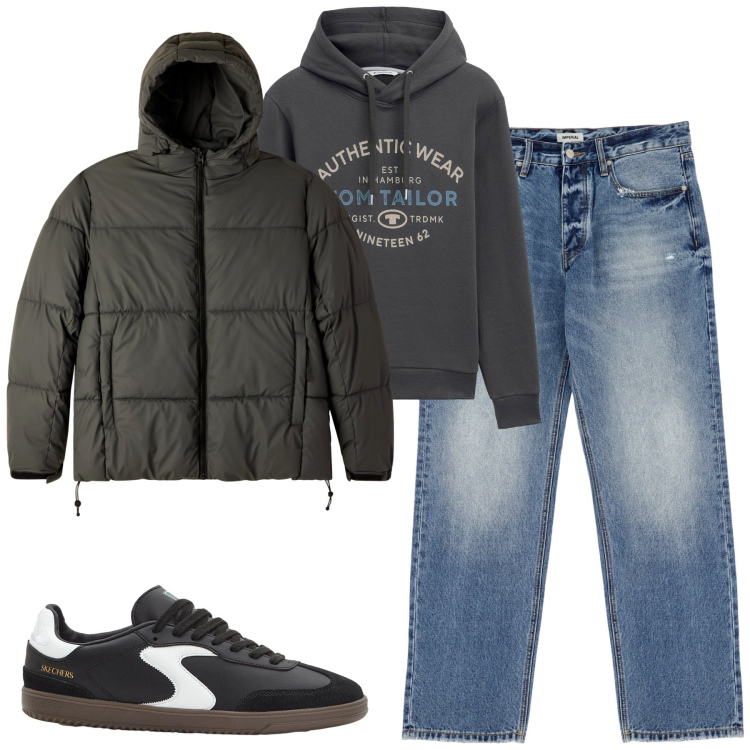Outfit uomo - Fall. Stile Casual per Tutti i giorni. Abbinamento con sneakers, felpe con cappuccio, bomber, jeans.
