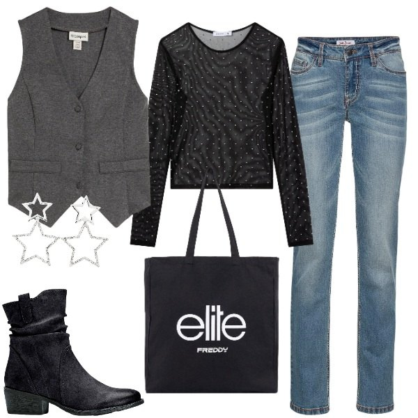 Outfit donna - il gilet. Stile Casual chic per Tutti i giorni. Abbinamento con jeans dritti, stivaletti texani, gilet, orecchini, t-shirt, shopping bag.