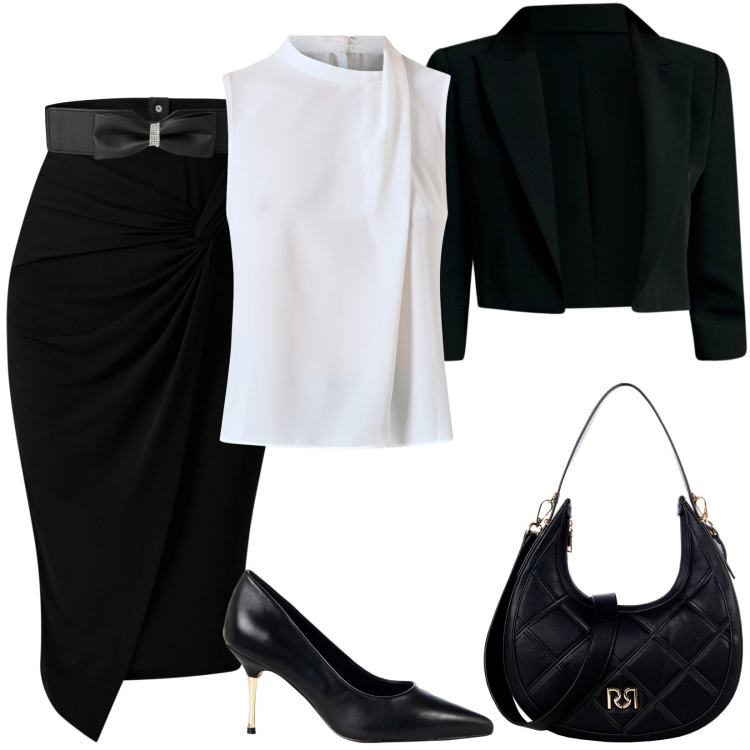 Outfit donna - Donna in carriera. Stile Chic per Tutti i giorni. Abbinamento con cinture, top, gonne, borse a tracolla, décolleté, bolero.