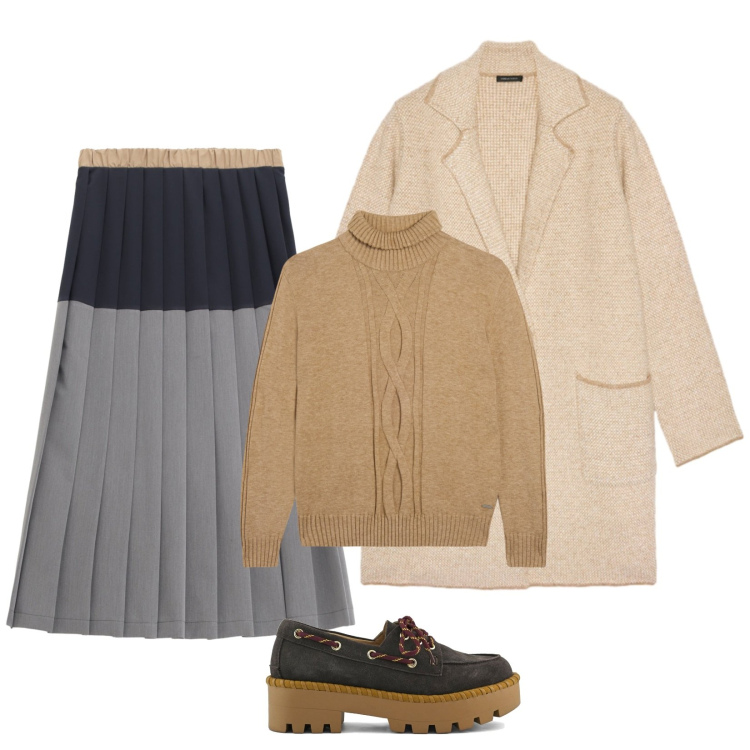 Outfit donna - Inizio autunno. Stile Casual chic per Tutti i giorni. Abbinamento con gonne longuette, maglieria, cardigans, mocassini.