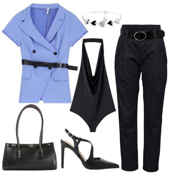 Outfit donna - cinture e cinturini. Stile Chic per Serata fuori. Abbinamento con pantaloni, borse a mano, body, décolleté, blazer, braccialetti.