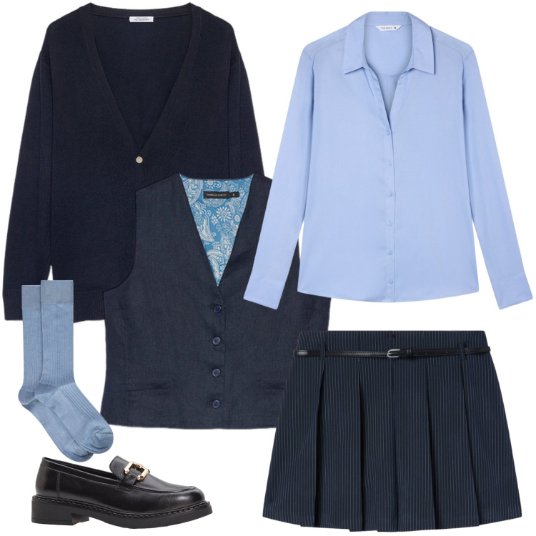 Outfit donna - College Style. Stile Casual chic per Scuola/Università. Abbinamento con mocassini, minigonne, camicie, calzini, cardigans, gilet.
