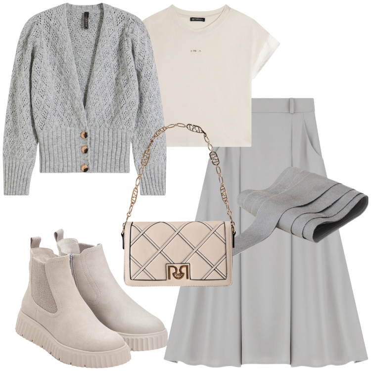 Outfit donna - Grigio e toupe. Stile Glamour per Tutti i giorni. Abbinamento con cardigans, stivaletti, borse a tracolla, gonne lunghe, cinture, t-shirt.