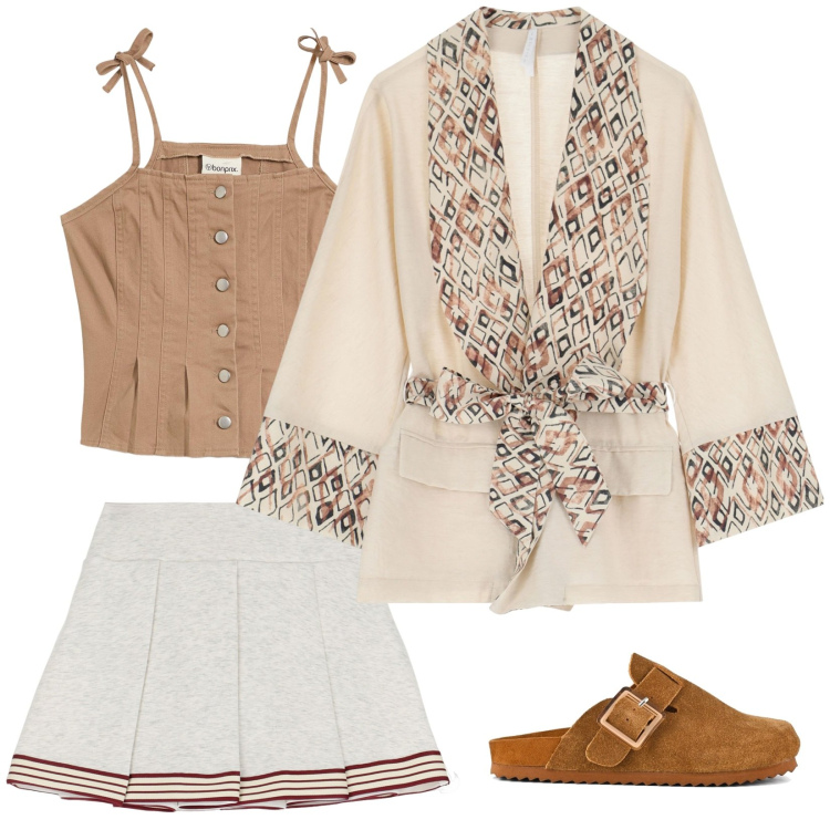 Outfit donna - Tra le vetrine in comodità. Stile Casual chic per Tutti i giorni. Abbinamento con top, minigonne, blazer, sabot.