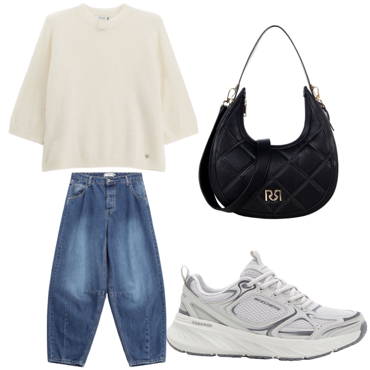 Outfit donna - Aperitivo. Stile Trendy per Tutti i giorni. Abbinamento con sneakers, pullovers, jeans, borse a tracolla.
