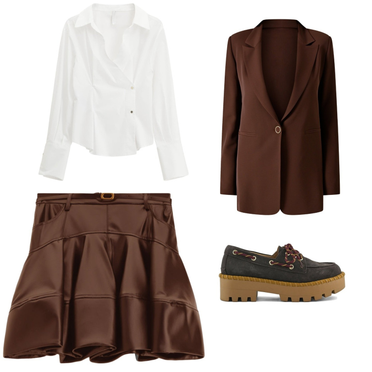 Outfit donna - Giornate autunnali. Stile Casual chic per Tutti i giorni. Abbinamento con blazer, camicie, minigonne, mocassini.