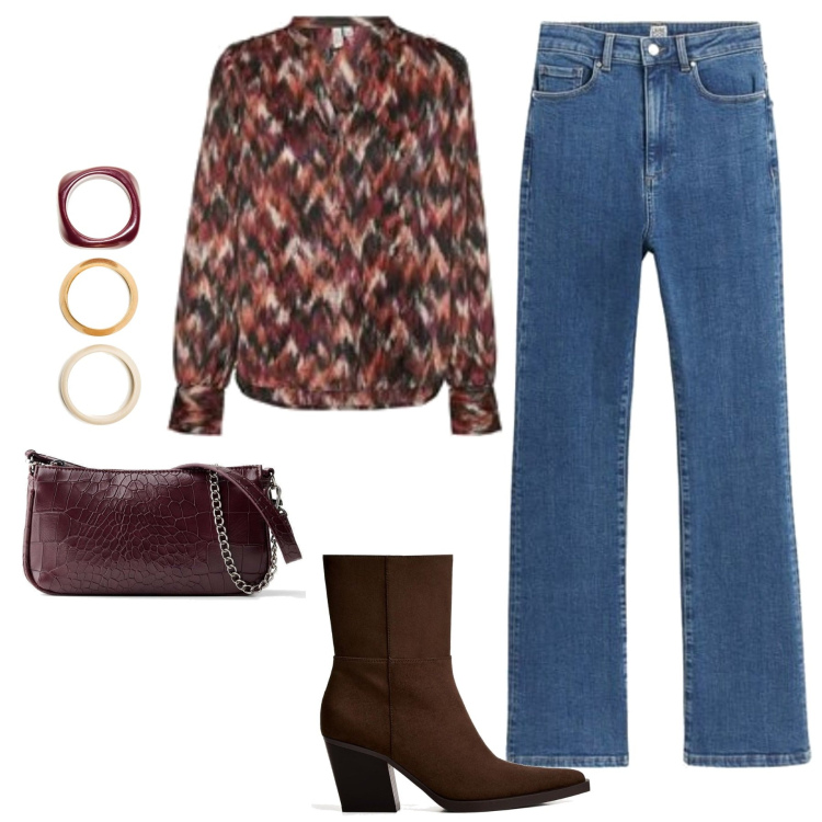 Outfit mujer - Casual chic #15864. Estilo Casual chic para Todos los días. Combinación con blusas, vaqueros bootcut, botines, bolsos de mano, pulseras.