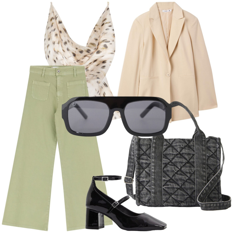 Outfit donna - Ufficio ancora al caldo. Stile Chic per Ufficio. Abbinamento con borse a mano, décolleté, blazer, top, jeans, occhiali da sole.