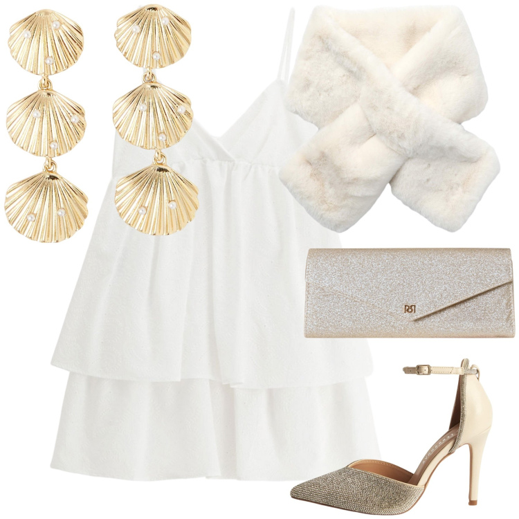 Outfit donna - Sposa autunnale sulla spiaggia. Stile Glamour per Cerimonia. Abbinamento con orecchini, décolleté, sciarpe, pochette, vestiti corti.