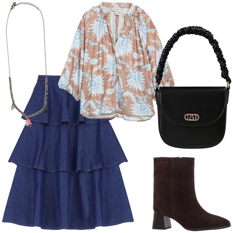 Outfit donna - Meeting. Stile Urban per Ufficio. Abbinamento con bluse, stivaletti, borse a mano, gonne lunghe, ciondoli.