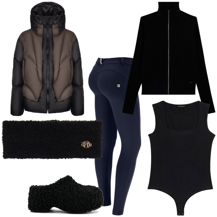Outfit donna - In montagna il freddo è arrivato. Stile Basic per Tutti i giorni. Abbinamento con body, pantaloni skinny, fasce per capelli, felpe, piumini, zoccoli.