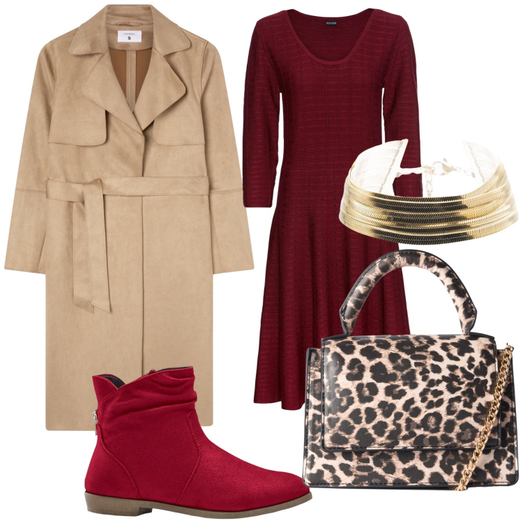 Outfit donna - Total look. Stile Urban per Tutti i giorni. Abbinamento con vestiti, stivaletti, borse a tracolla, trench, braccialetti.