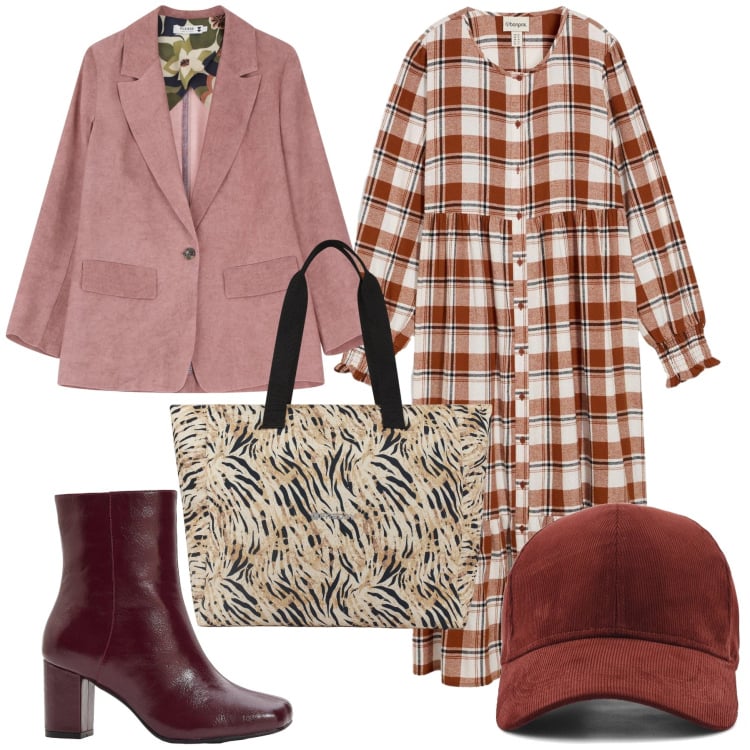 Outfit donna - Mix quadrettato. Stile Vintage retrò per Tutti i giorni. Abbinamento con vestiti midi/longuette, stivaletti, blazer, shopping bag, cappelli.