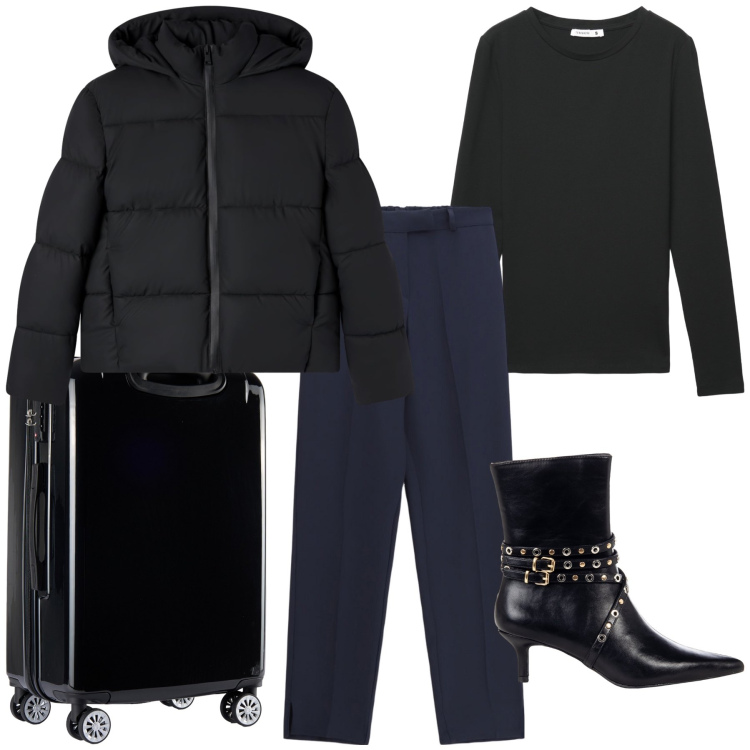 Outfit donna - Total black e si viaggia. Stile Basic per Tutti i giorni. Abbinamento con bomber, t-shirt, stivaletti, pantaloni, valigie.