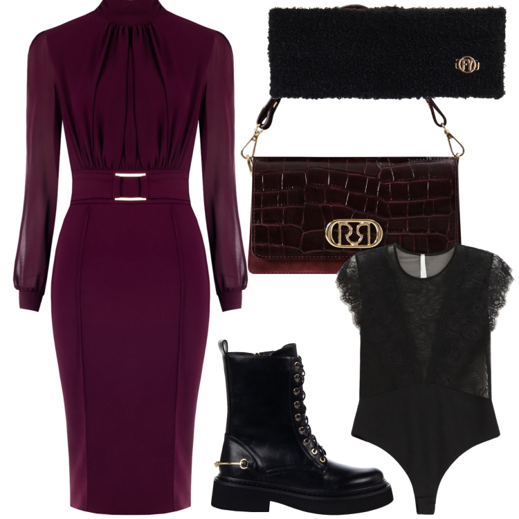 Outfit donna - Tubino per una cena fuori. Stile Glamour per Serata fuori. Abbinamento con vestiti a tubino, anfibi, borse a mano, body, fasce per capelli.
