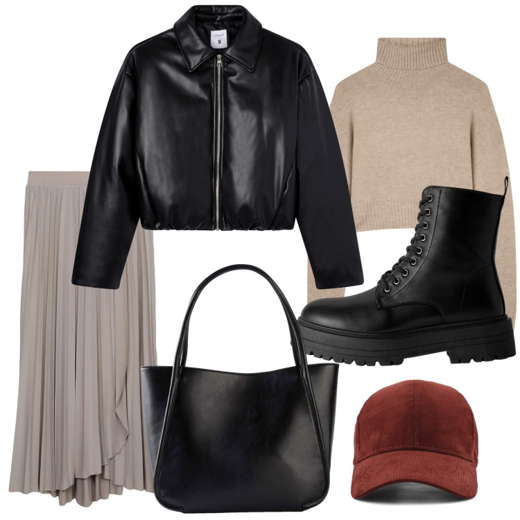 Outfit donna - Stile autunnale. Stile Minimal per Scuola/Università. Abbinamento con shopping bag, gonne lunghe, giacche, maglieria, anfibi, cappelli.