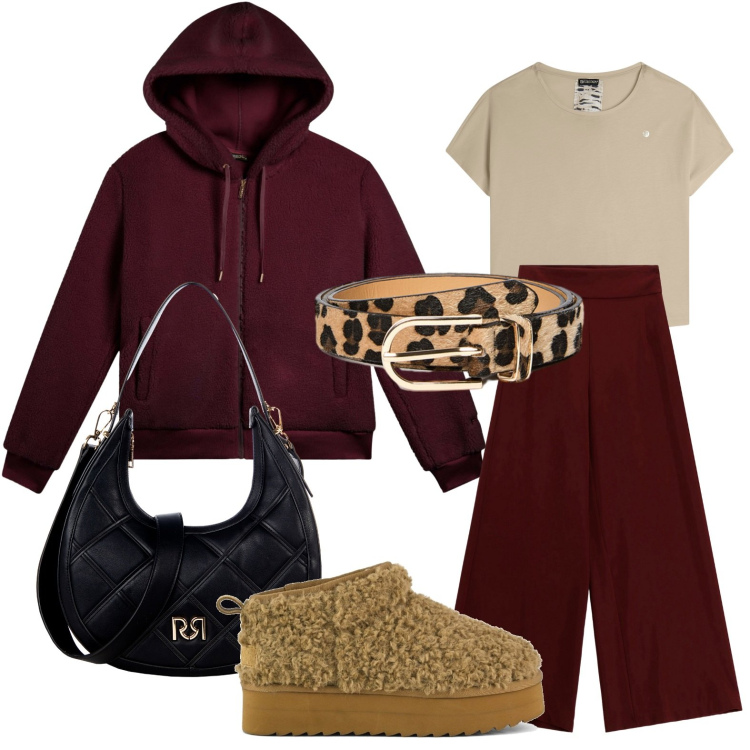 Outfit donna - Felpa comoda. Stile Basic per Tutti i giorni. Abbinamento con borse a tracolla, pantaloni a palazzo, bomber, t-shirt, stivaletti, cinture.