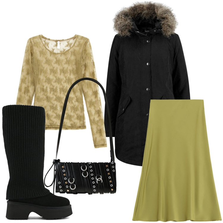 Outfit donna - Mood di stagione. Stile Casual per Tutti i giorni. Abbinamento con parka, borse a spalla, maglieria, gonne longuette, stivali sopra il ginocchio.
