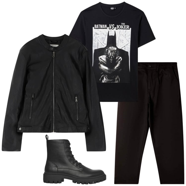 Outfit uomo - Total black. Stile Biker Rock per Serata speciale. Abbinamento con t-shirt, anfibi, pantaloni, giacche.