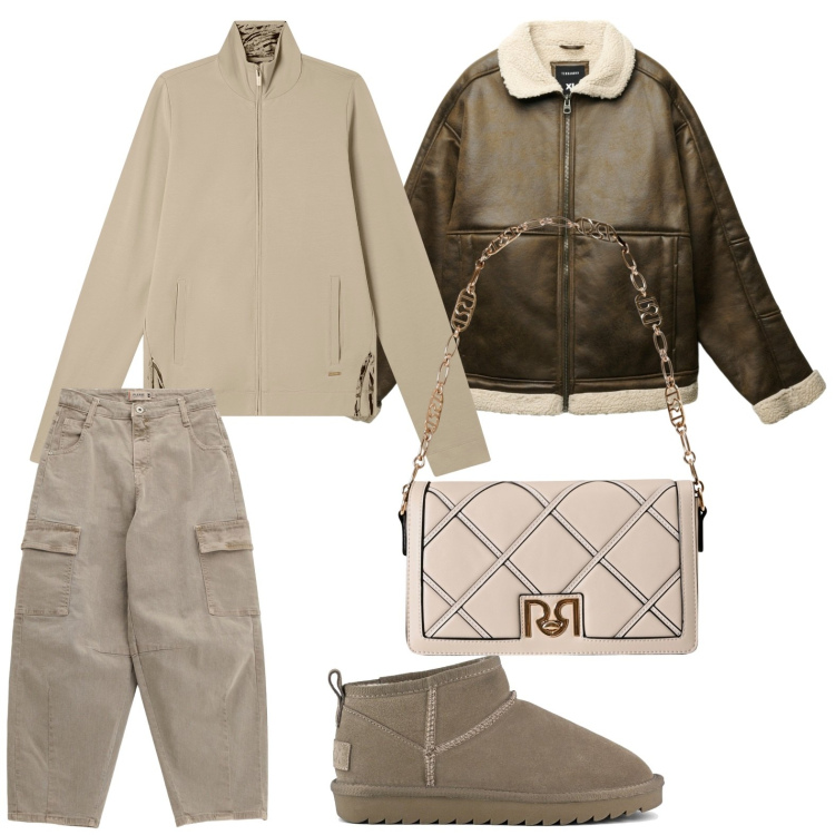 Outfit donna - Tempo libero. Stile Minimal per Tutti i giorni. Abbinamento con giacche, pantaloni chino, borse a tracolla, felpe, stivali.