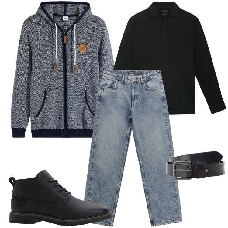 Outfit uomo - Cardigan con cappuccio. Stile Urban per Ufficio. Abbinamento con cardigans, stivali e stivaletti, jeans dritti, cinture, polo.