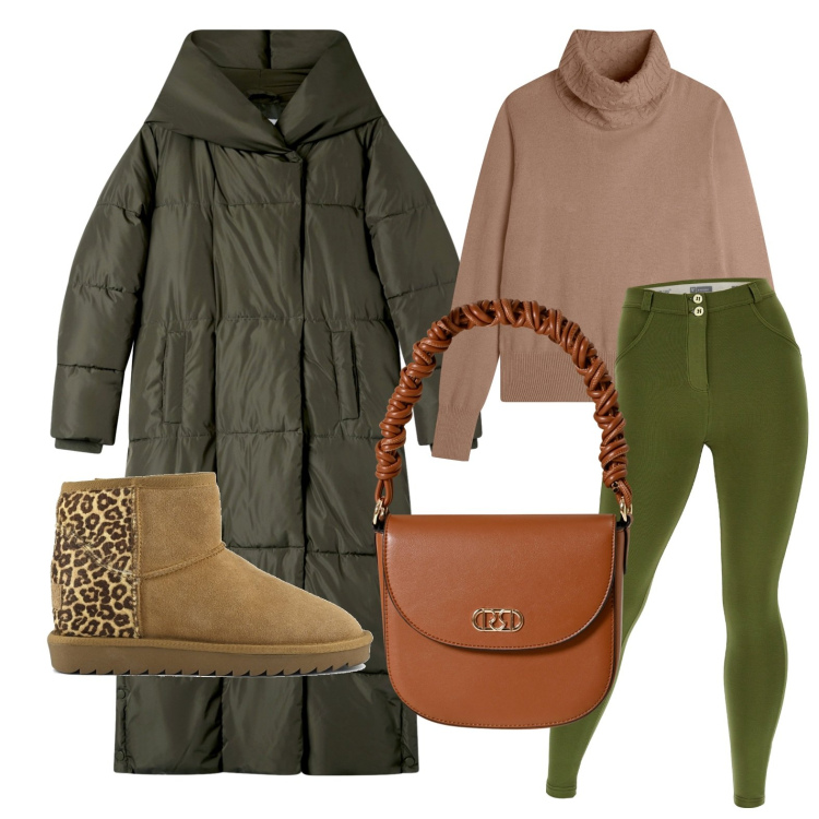 Outfit donna - Passeggiata autunnale. Stile Casual per Scuola/Università. Abbinamento con cappotti, borse a mano, pantaloni skinny, maglieria, stivali.