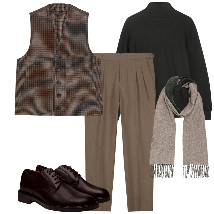 Outfit uomo - Doppelganger. Stile Urban per Ufficio. Abbinamento con scarpe stringate, pantaloni, maglieria, sciarpe, gilet.