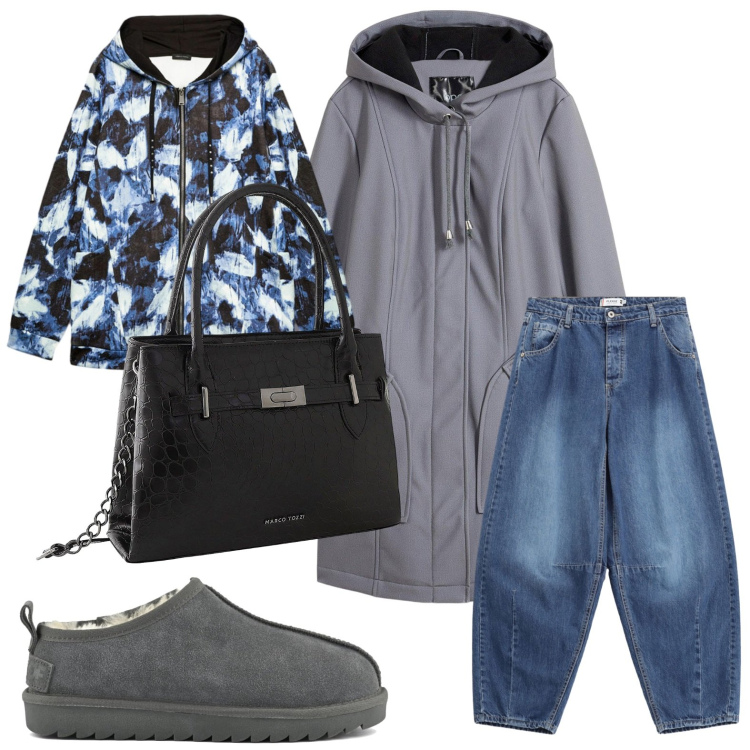Outfit donna - Felpa fantasia. Stile Basic per Scuola/Università. Abbinamento con parka, borse a mano, jeans, sabot, felpe con cappuccio.