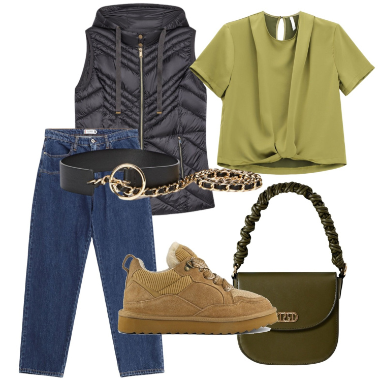 Outfit donna - Cintura a catena. Stile Minimal per Tutti i giorni. Abbinamento con borse a mano, jeans, bluse, sneakers alte, piumini, cinture.