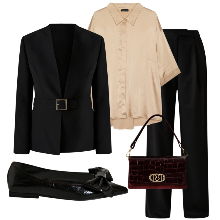 Outfit donna - Tailleur nero. Stile Chic per Cerimonia. Abbinamento con pantaloni, ballerine, borse a mano, blazer, camicie.