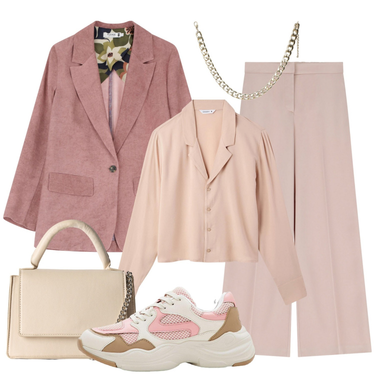 Outfit donna - Passeggiando fra le vetrine. Stile Casual chic per Tutti i giorni. Abbinamento con sneakers, camicie, borse a tracolla, collane, blazer, pantaloni.