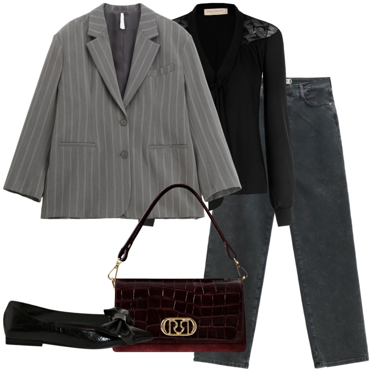 Outfit donna - Un gessato 2025. Stile Casual chic per Ufficio. Abbinamento con bluse, ballerine, borse a mano, jeans dritti, blazer.