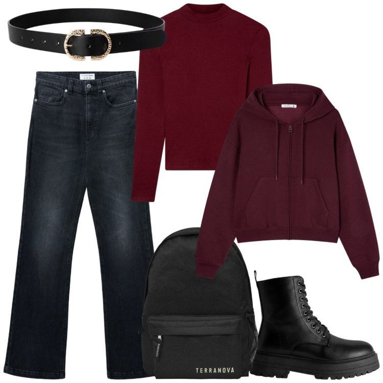 Outfit donna - Total look #2252575. Stile Casual per Tutti i giorni. Abbinamento con felpe con cappuccio, jeans bootcut, t-shirt, cinture, zaini, anfibi.