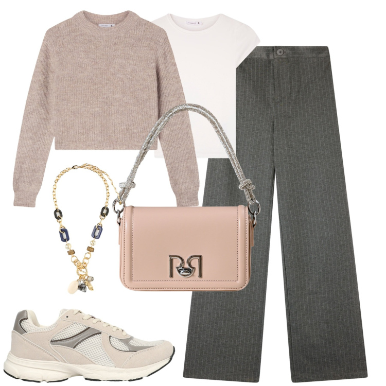 Outfit donna - City. Stile Casual chic per Tutti i giorni. Abbinamento con pantaloni, maglieria, sneakers, t-shirt, borse a mano, collane.